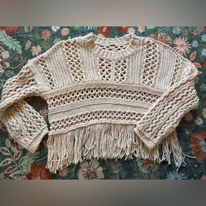 Free People Higher Love Fringe Crochet Sweater Small Boho Cream Grandmacore